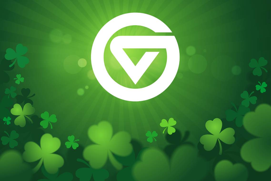 GV circle logo against an Irish green background with clovers.